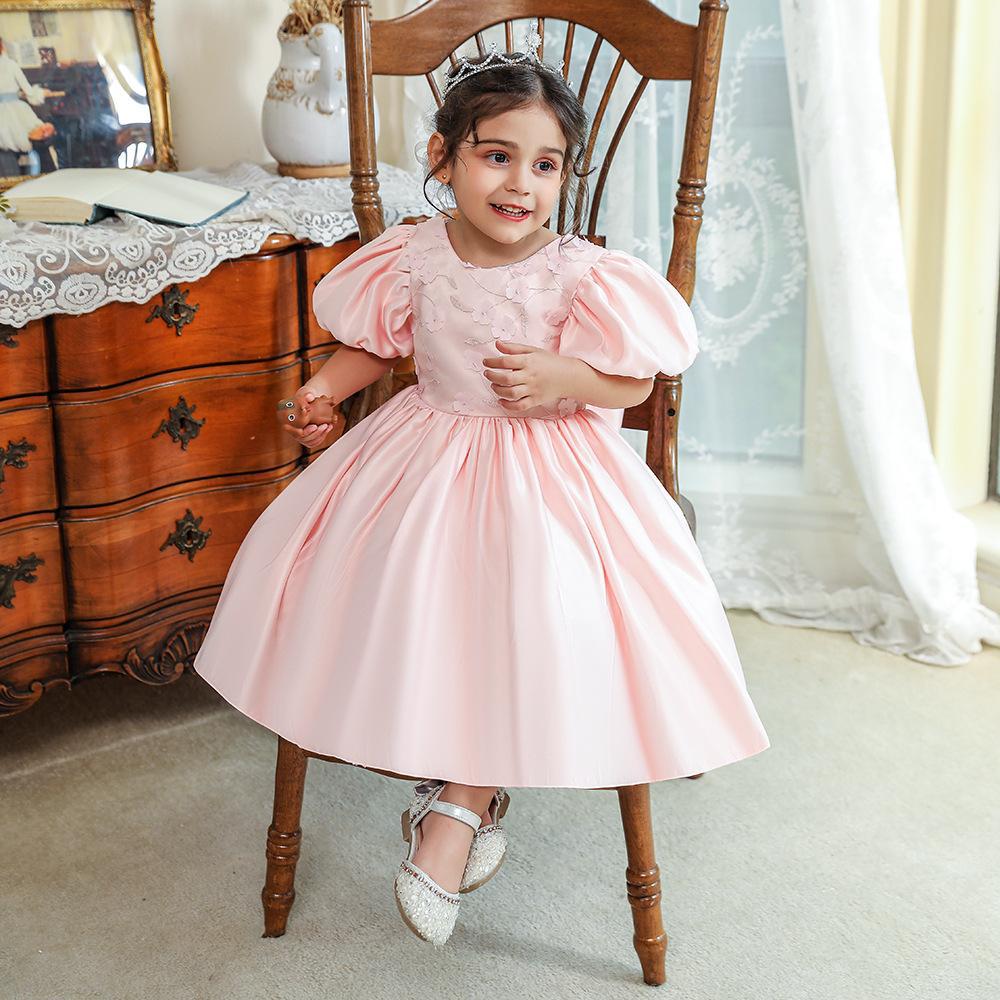 European and American cross-border big bow girl birthday party evening dress, children's bubble sleeve full moon first-year dress