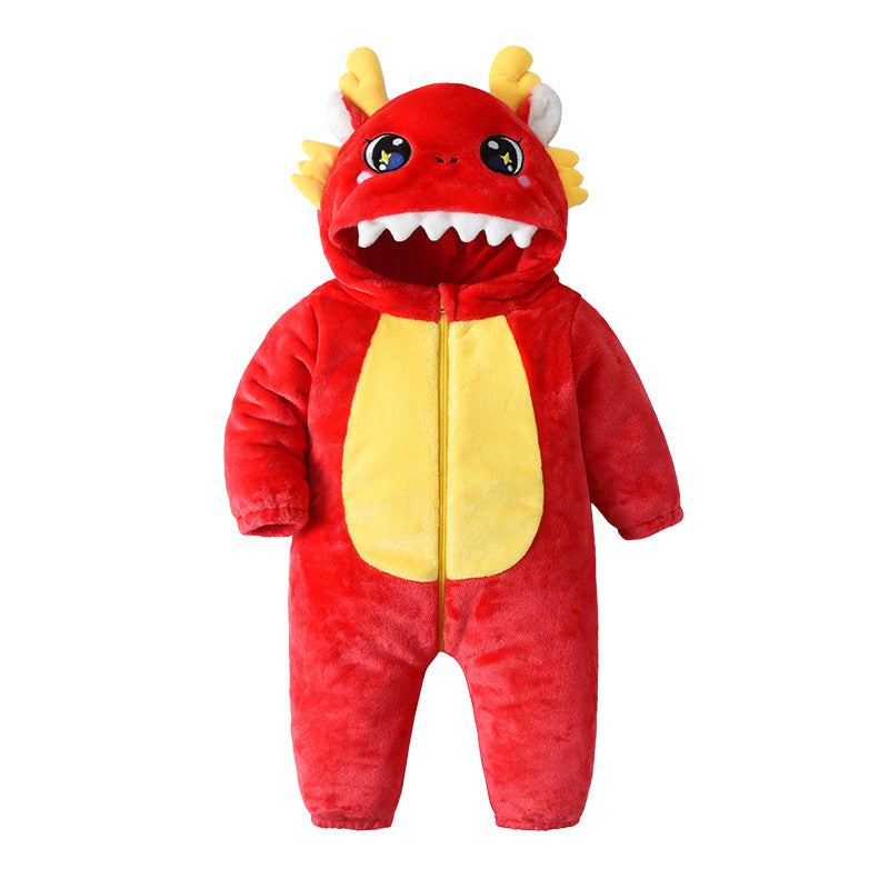 Qile Rabbit autumn new 0-3 year old baby single layer flannel Chinese dragon shape hooded one-piece Romper