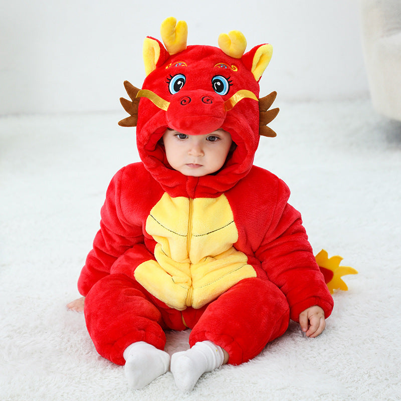 Winter new infant male treasure female treasure cute personality Chinese dragon shape flannel thickened warm Romper