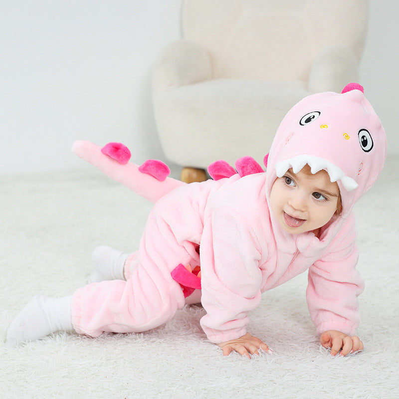Qile Rabbit autumn new baby comfortable flannel single-layer cute little dinosaur shape one-piece Romper