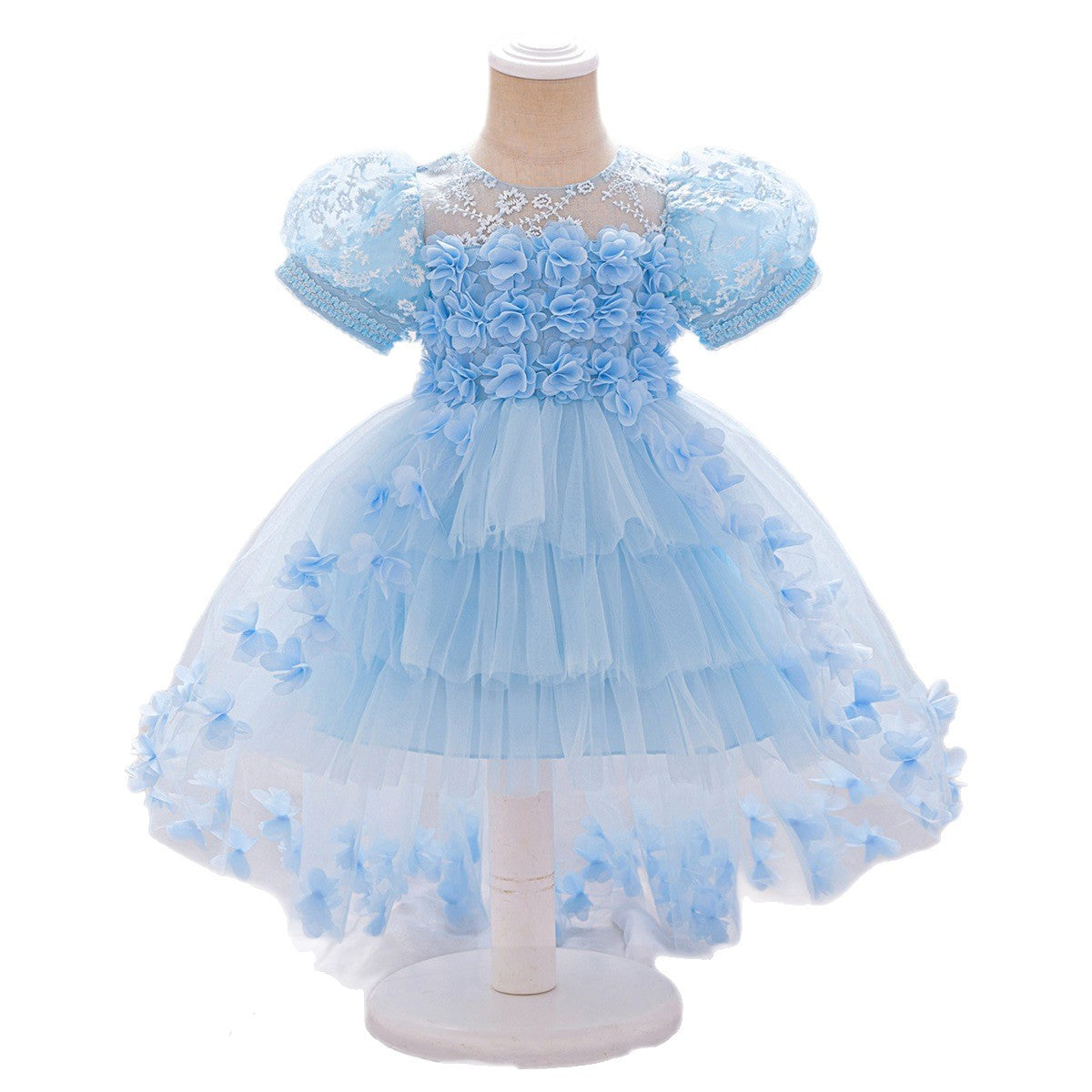 Amazon children's dovetail skirt, medium and older children's three-dimensional flower mesh fluffy dovetail skirt girls' piano performance clothes