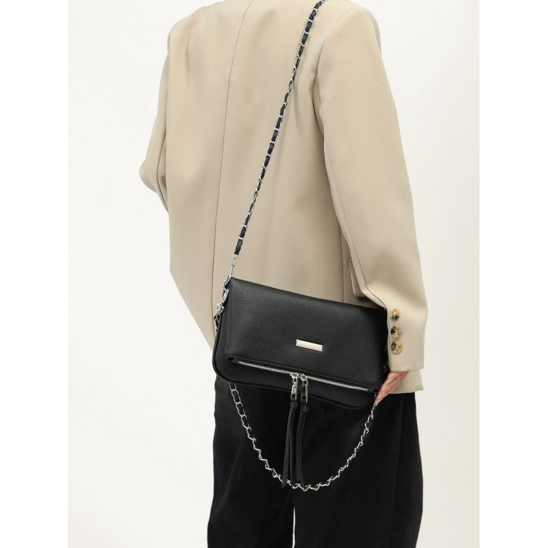 2025 new soft leather small square bag foreign trade European and American fashion versatile chain underarm tassel single shoulder oblique span bag