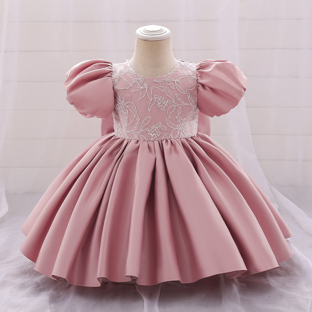 Foreign trade summer girls princess dress embroidered satin bubble sleeves baby dress back snap button bow flower girl