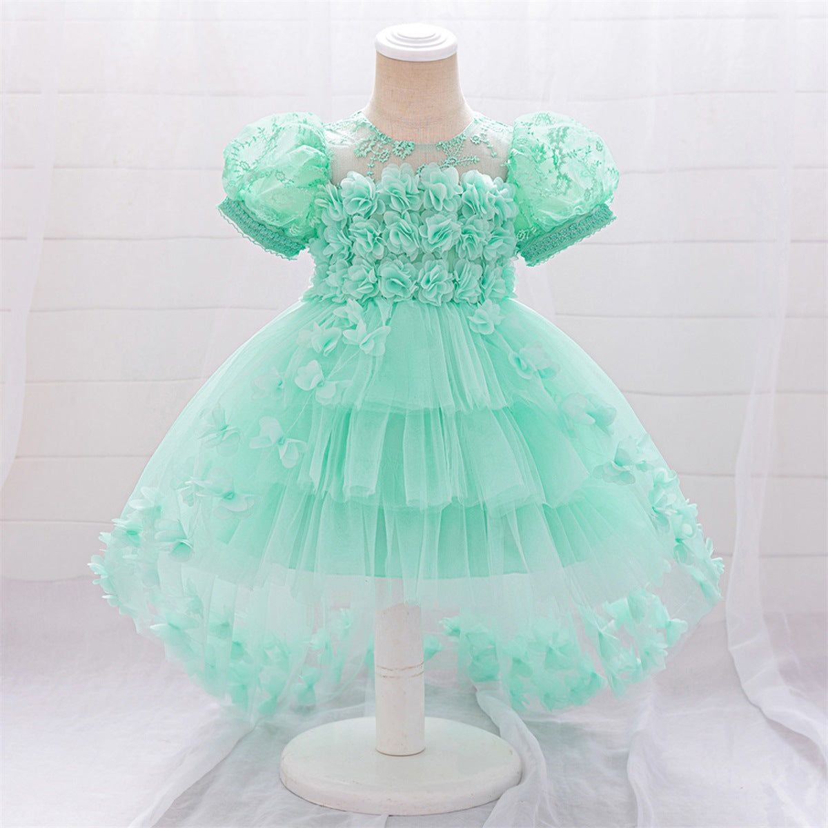 Amazon children's dovetail skirt, medium and older children's three-dimensional flower mesh fluffy dovetail skirt girls' piano performance clothes
