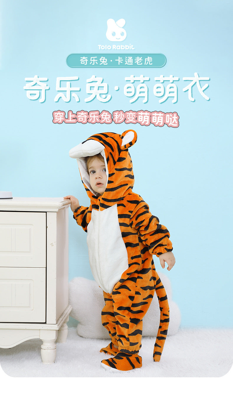 Qile Rabbit autumn new baby cute onesie orange tiger shape foot shape clothes