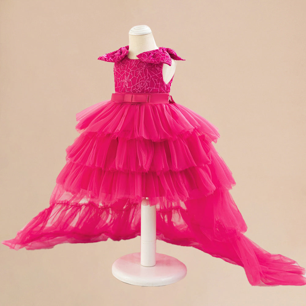 European and American medium and small children's dresses, princess dresses, rose red embroidered mesh yarn, fluffy cake dresses, tail removable two dresses