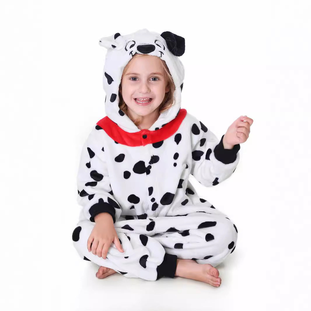 Autumn new children's cartoon styling clothes flannel single-layer spotted dog hooded onesie