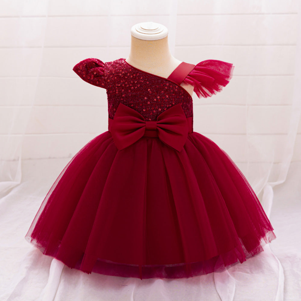 Europe and the United States ebay baby and child slash shoulder small flying sleeve sequined mesh fluffy princess skirt hemming comfortable breathable skirt