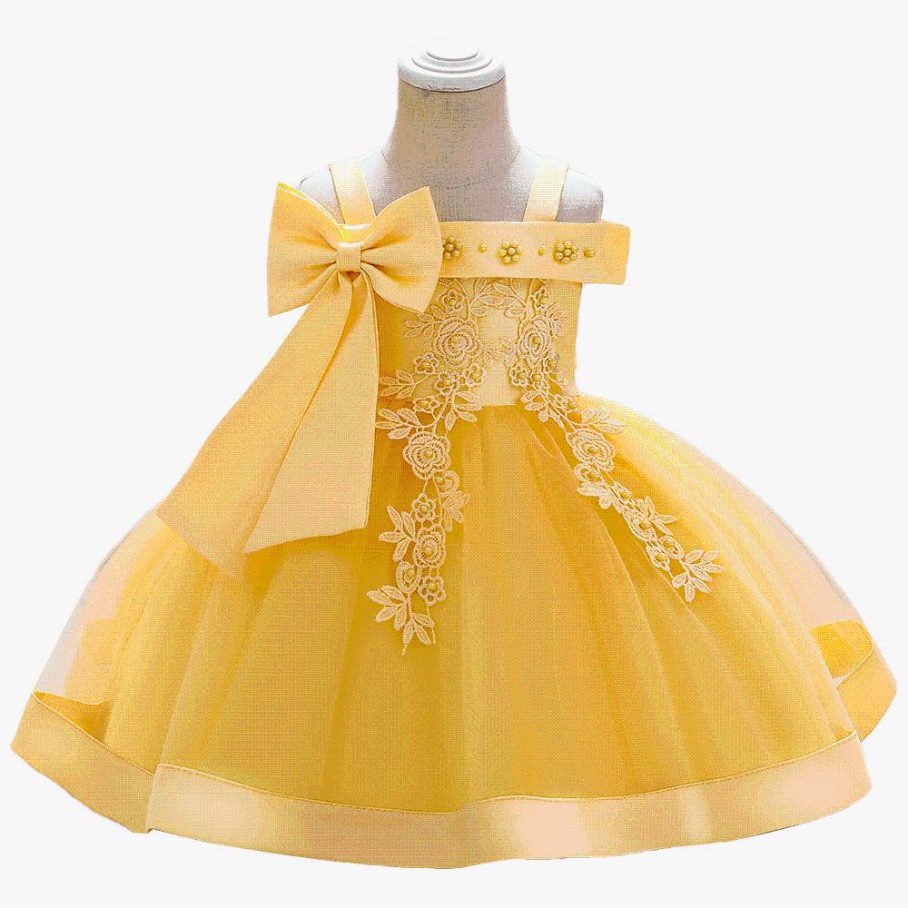Foreign trade cross-border new children's wedding dress one-word shoulder pearl embroidery girls performance princess puffy skirt summer