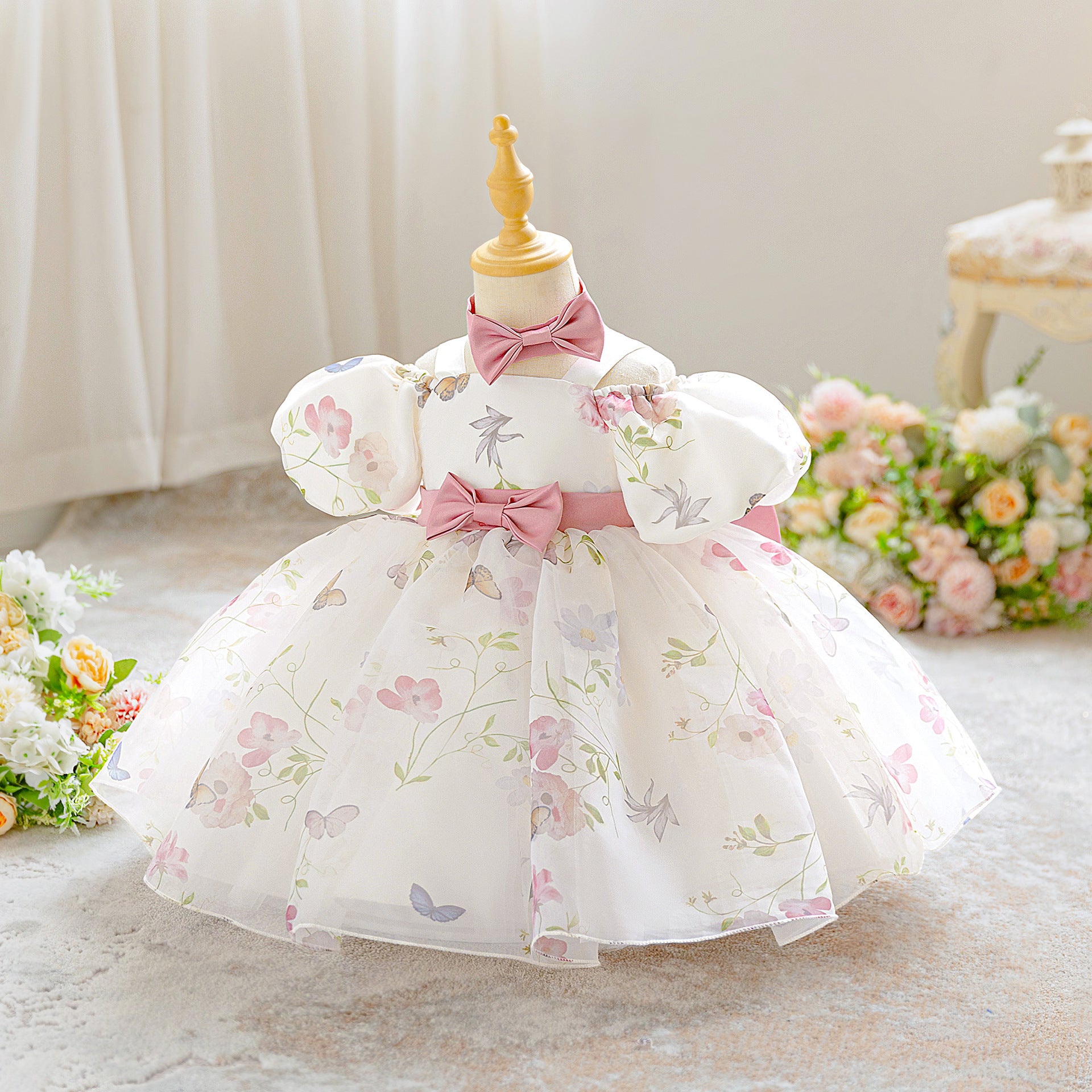 Cross-border new girls' princess skirt Eugen yarn Phalaenopsis printing puff skirt wedding dress flower girl dress skirt spot