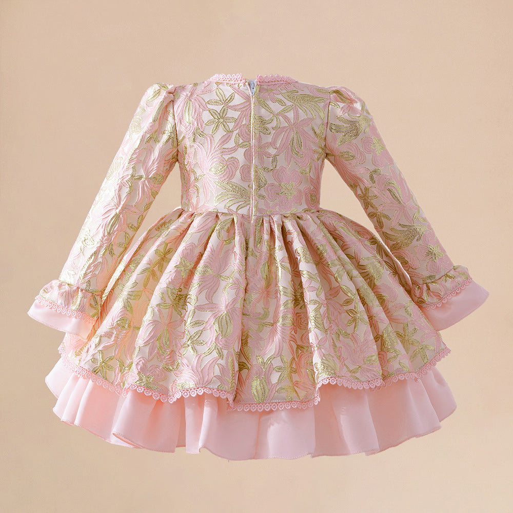 Foreign order new infant dress long-sleeved printed three-dimensional flower girls fluffy Lolita princess dress spot