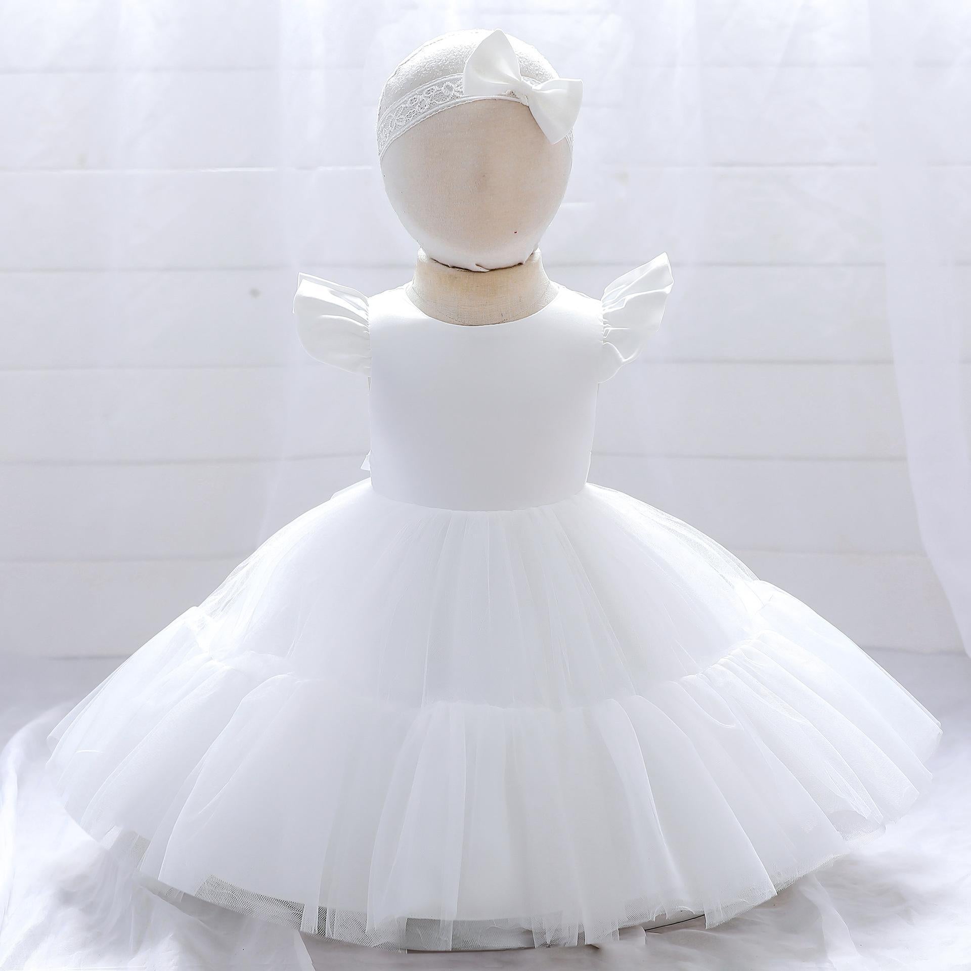 AliExpress Europe and the United States Foreign Trade Children's Dress Princess Dress Flying Sleeve Mesh Bow Wedding Dress Flower Girl Fluffy Dress