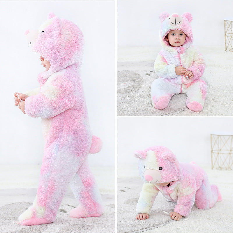 Qile Rabbit new rainbow gradual change baby onesie alpaca hooded plush climbing clothes infant cute out clothes