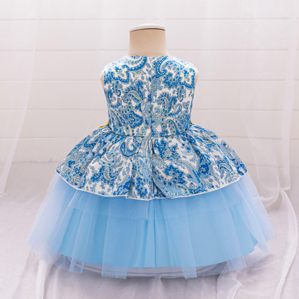 European and American cross-border new children's dresses, annual dresses, summer national tide dresses, satin cloth printing sleeveless princess dresses