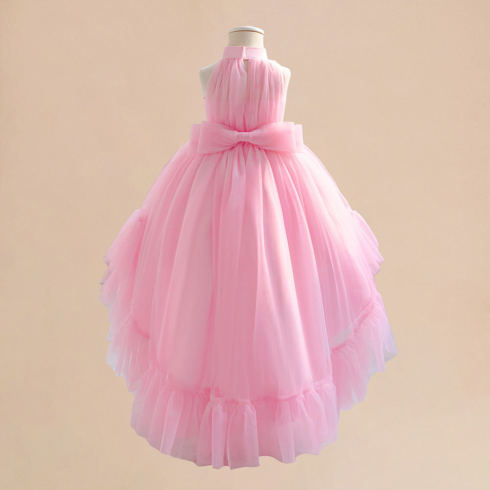 Amazon's new medium and small children's dress princess dress pink neck mesh trailing skirt bow puffy dovetail skirt