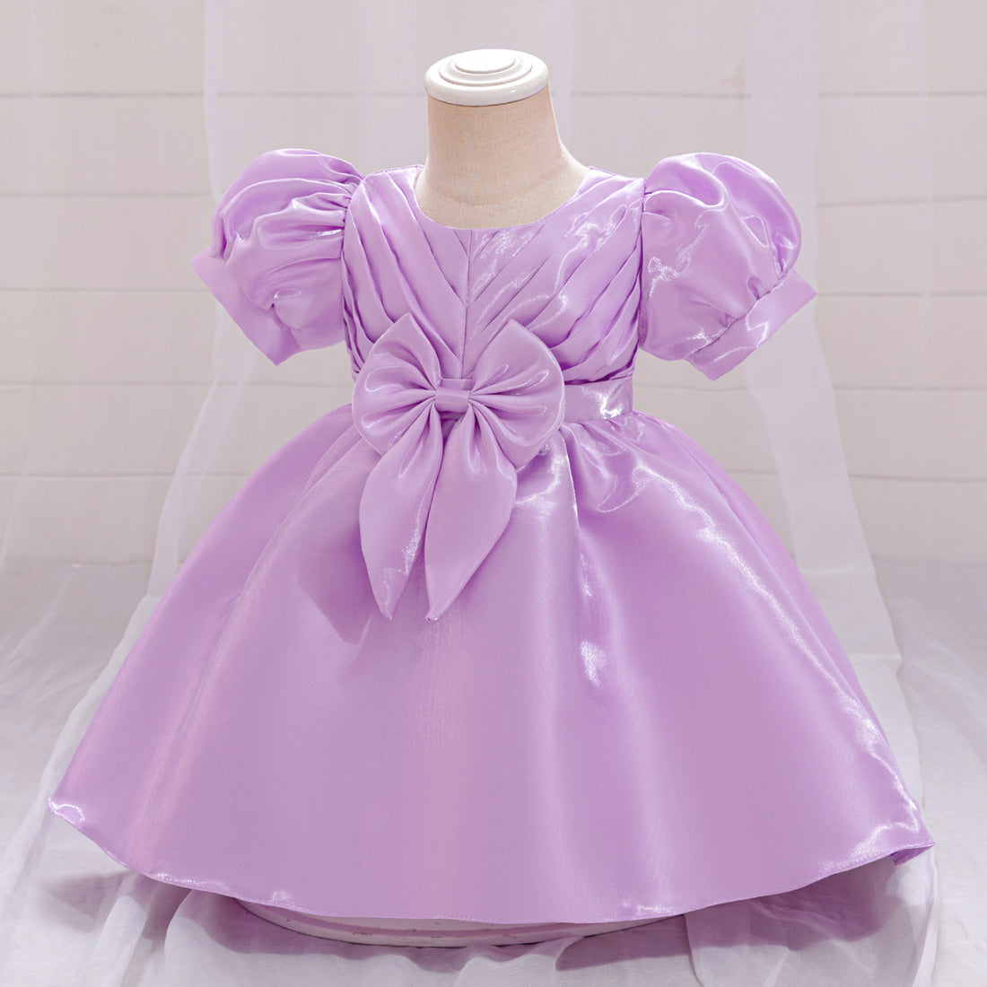 2024 New Girls' Princess Dress Water Gloss Satin Children's Dress Girls' Dress Year-old Flower Girl Dress Bubble Sleeve Fluffy Dress