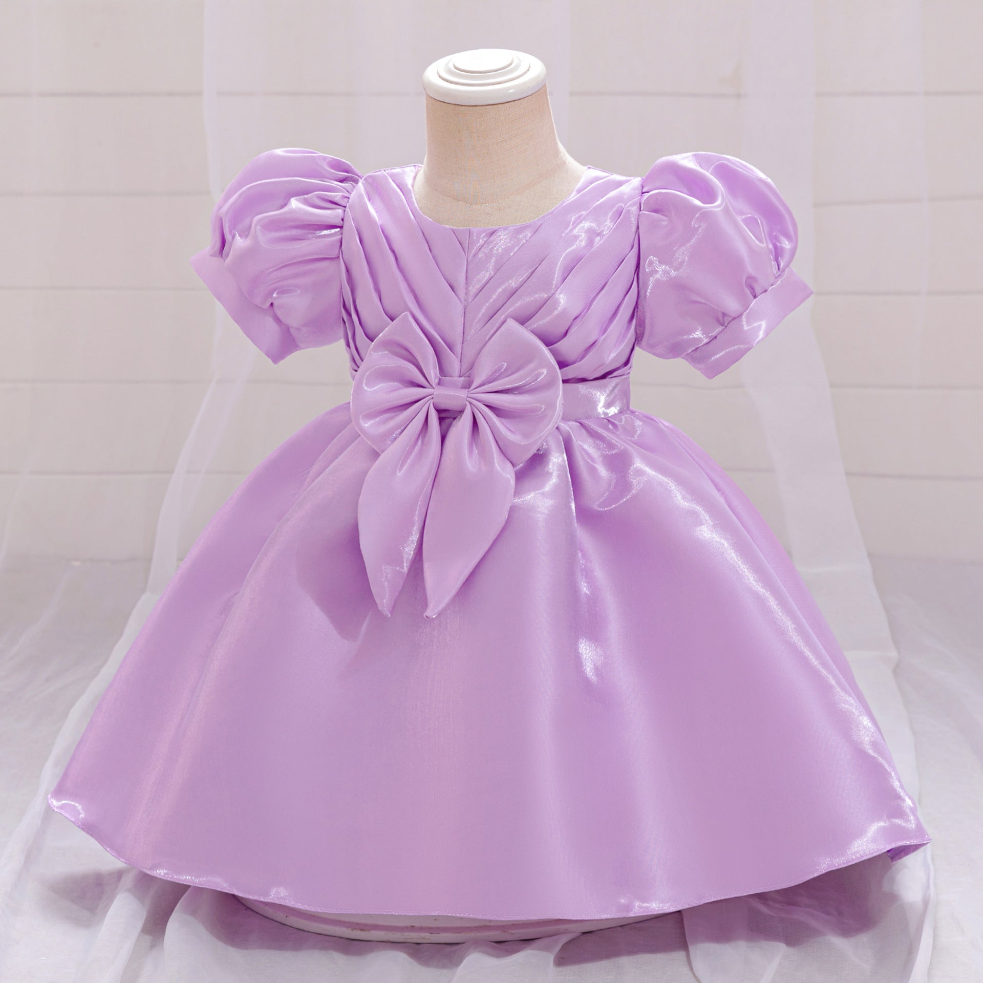 2024 New Girls' Princess Dress Water Gloss Satin Children's Dress Girls' Dress Year-old Flower Girl Dress Bubble Sleeve Fluffy Dress