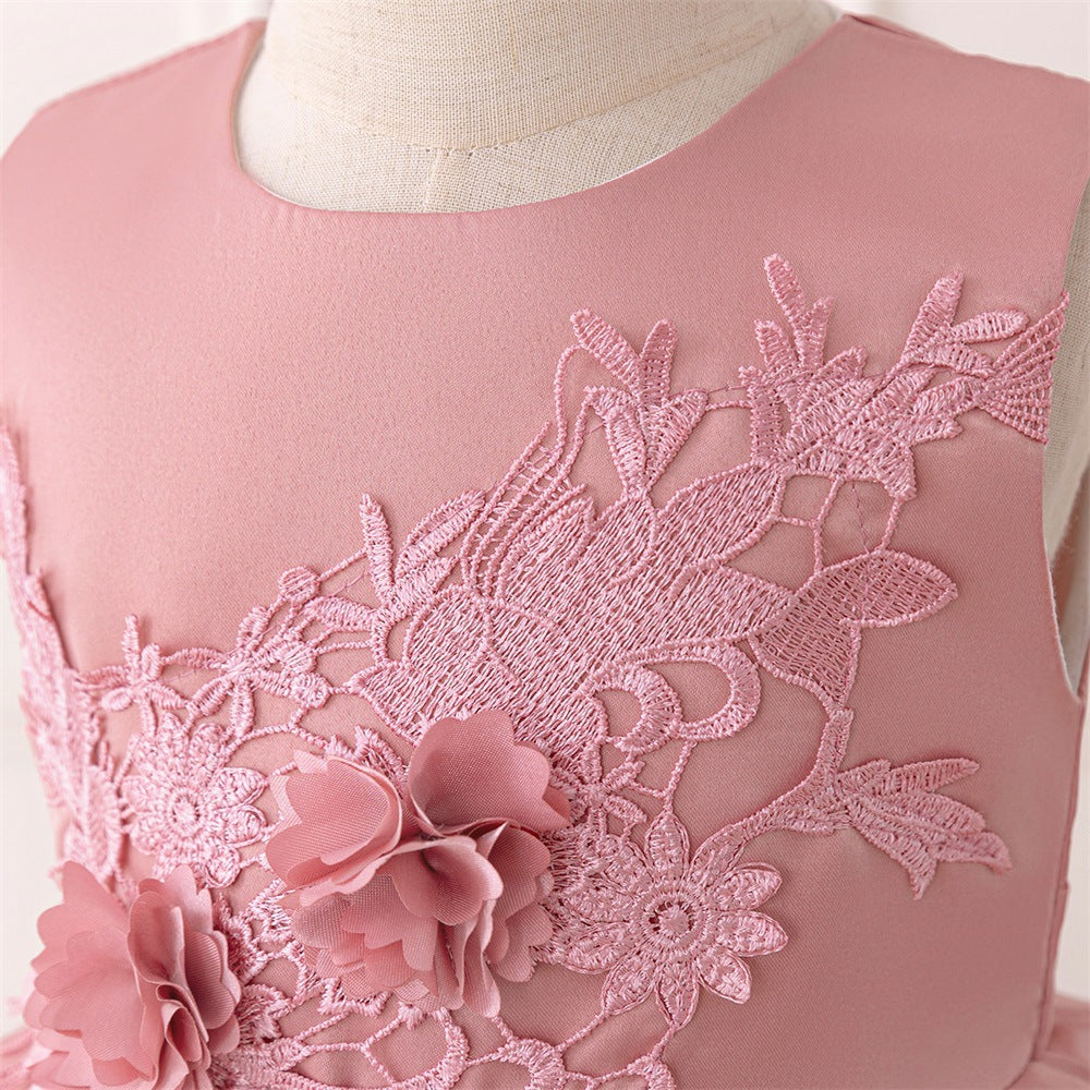 Summer children's dress princess dress cross-border new medium and small children's satin dress sleeveless three-dimensional applique performance clothes