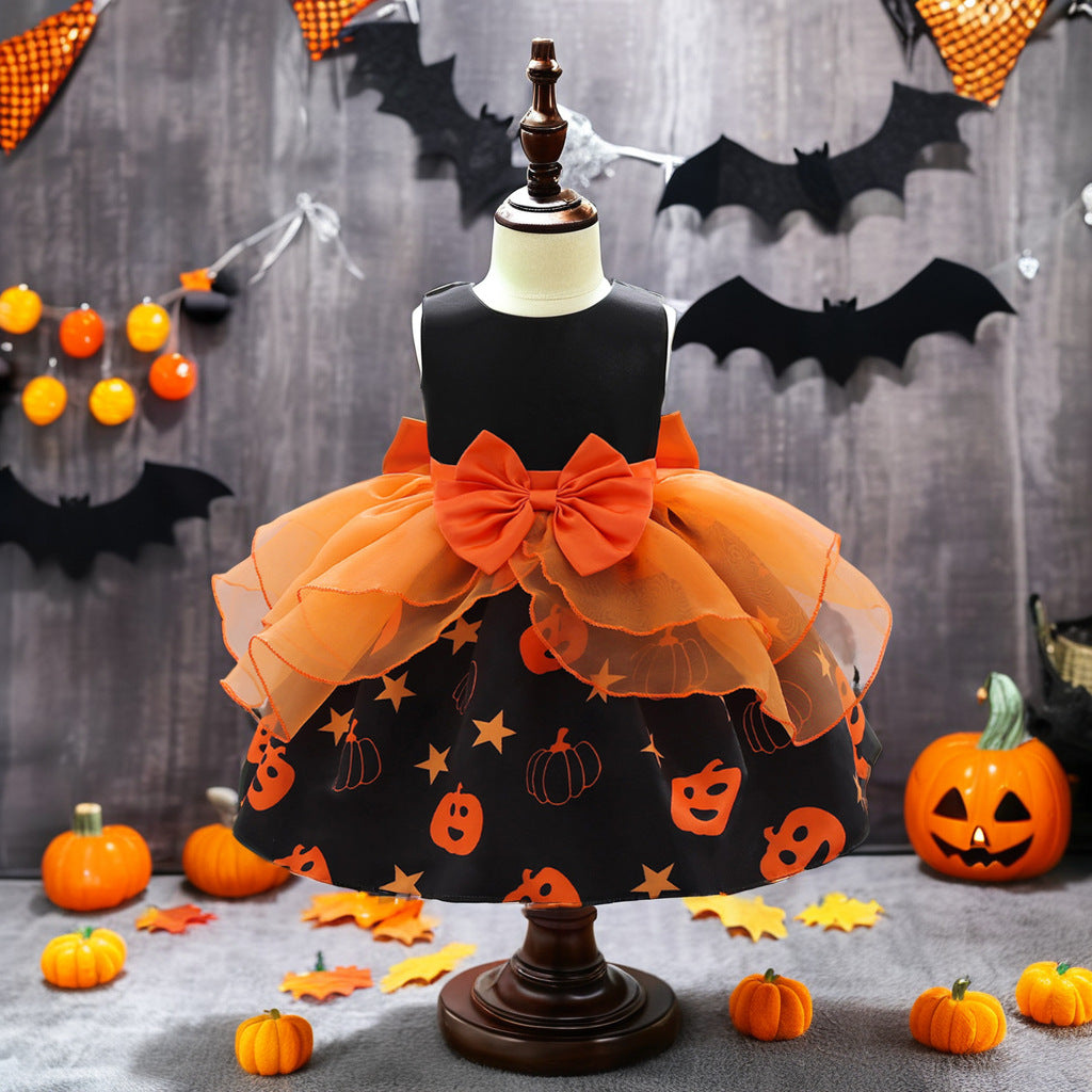 Cross-border infant and toddler clothing Halloween pumpkin print tutu dress girls sleeveless bow dress birthday gift