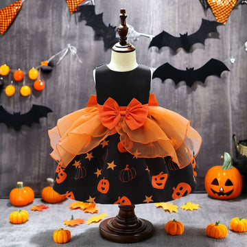 Cross-border infant and toddler clothing Halloween pumpkin print tutu dress girls sleeveless bow dress birthday gift