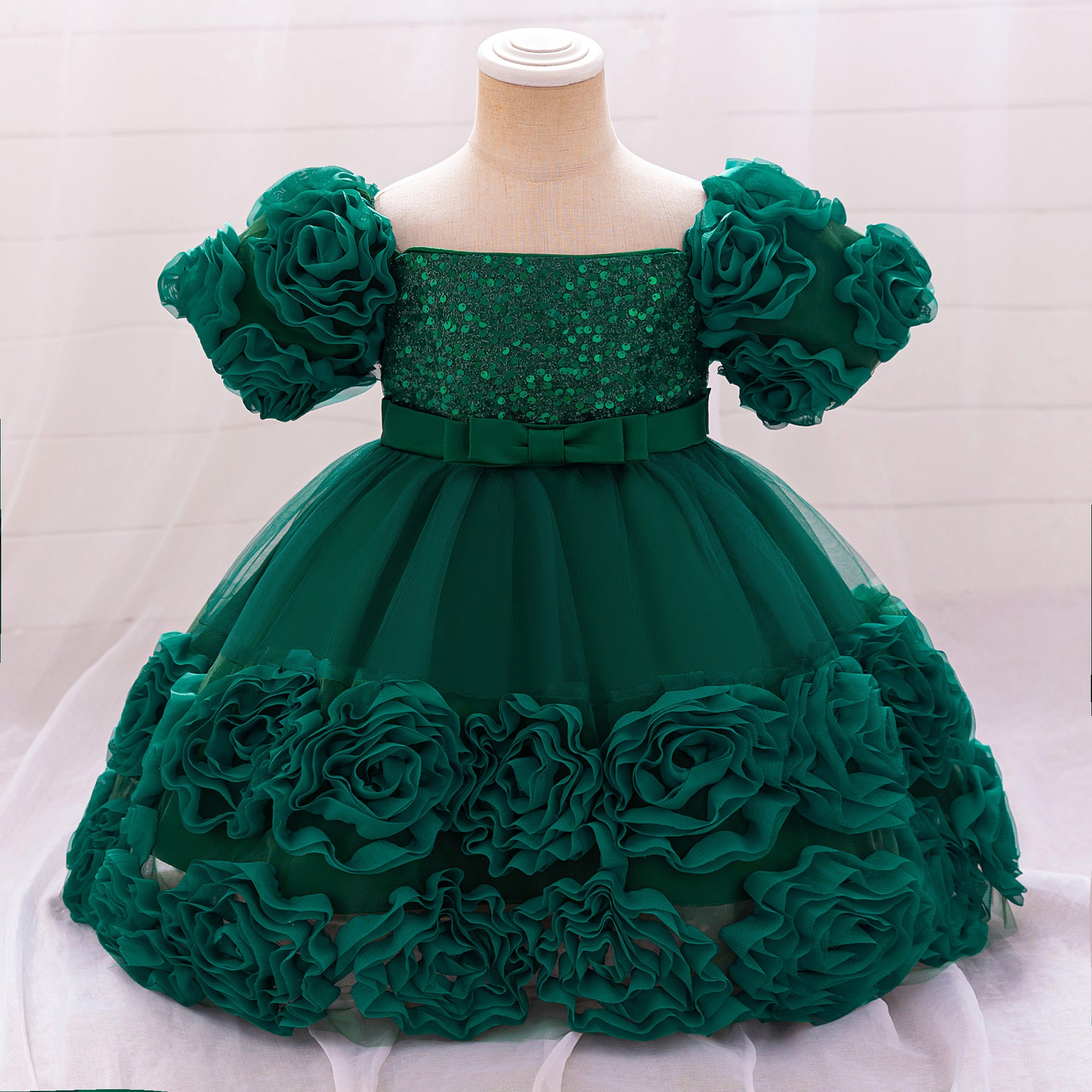Amazon's new baby dress bead bubble sleeve princess dress three-dimensional applique mesh puffy dress