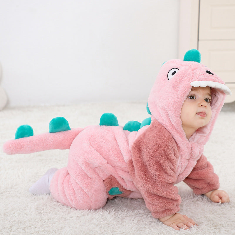 Qile Rabbit Spring and Autumn New Infant and Toddler Baby onesie Cute style contrasting color pocket dinosaur single-layer styling clothes