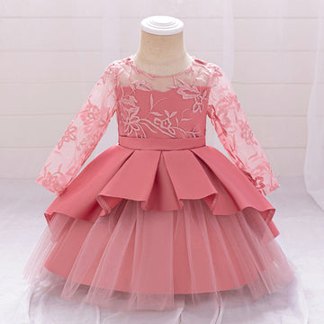 TEMU Amazon's new baby one-year-old dress long-sleeved hollowed-out embroidered satin cloth splicing mesh fluffy cake skirt