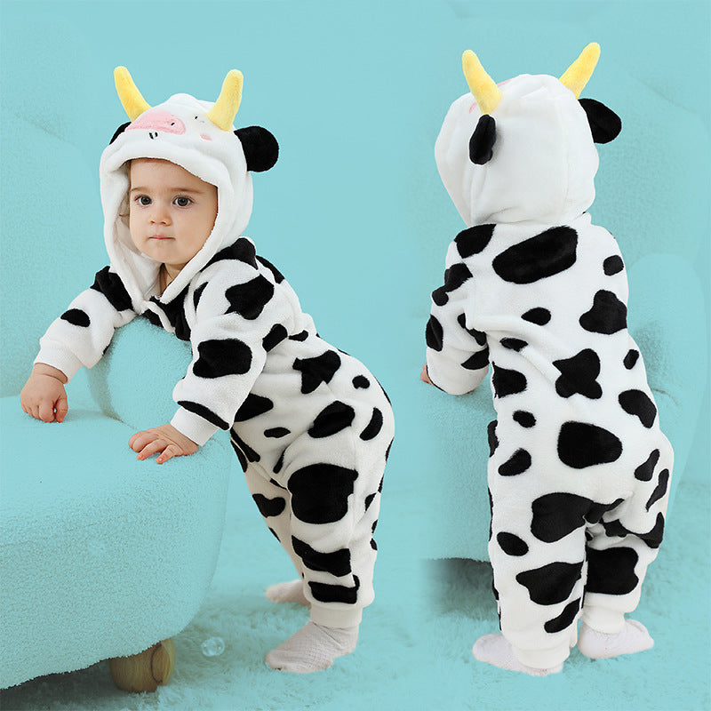 Qile Rabbit's autumn new product cute cow-shaped onesie 0-3 years old infant and toddler hooded single-layer Romper