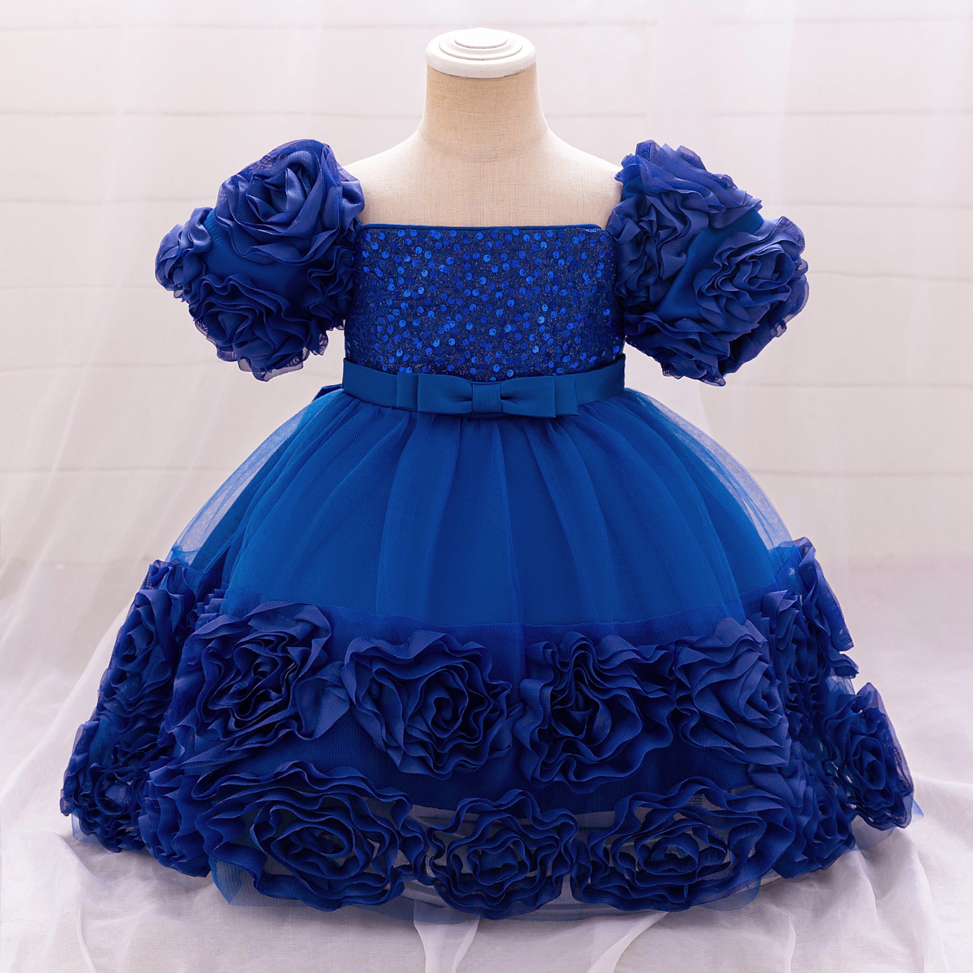 Amazon's new baby dress bead bubble sleeve princess dress three-dimensional applique mesh puffy dress
