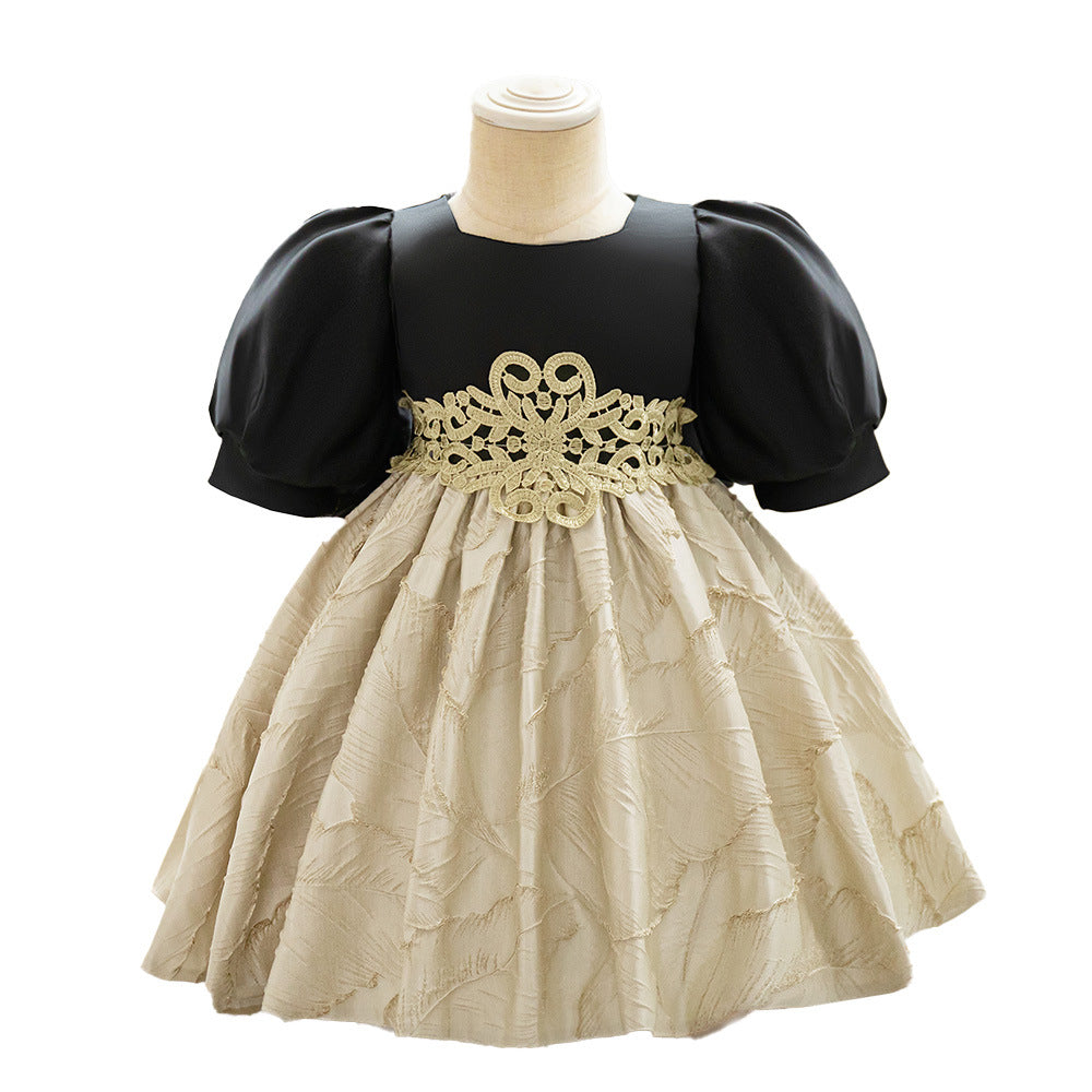 Foreign trade infant and toddler dress court satin cloth back bow princess dress lantern sleeve embroidered waist dress