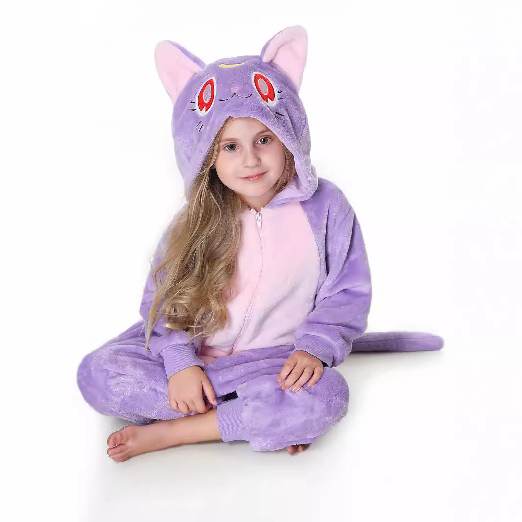 Autumn new children's cartoon styling clothes flannel single-layer elf cat hooded onesie