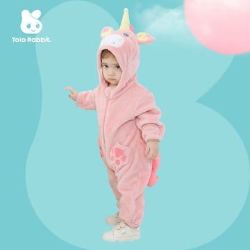 Qile Rabbit autumn new 0-3 year old infant pink unicorn styling clothes flannel single-layer onesie