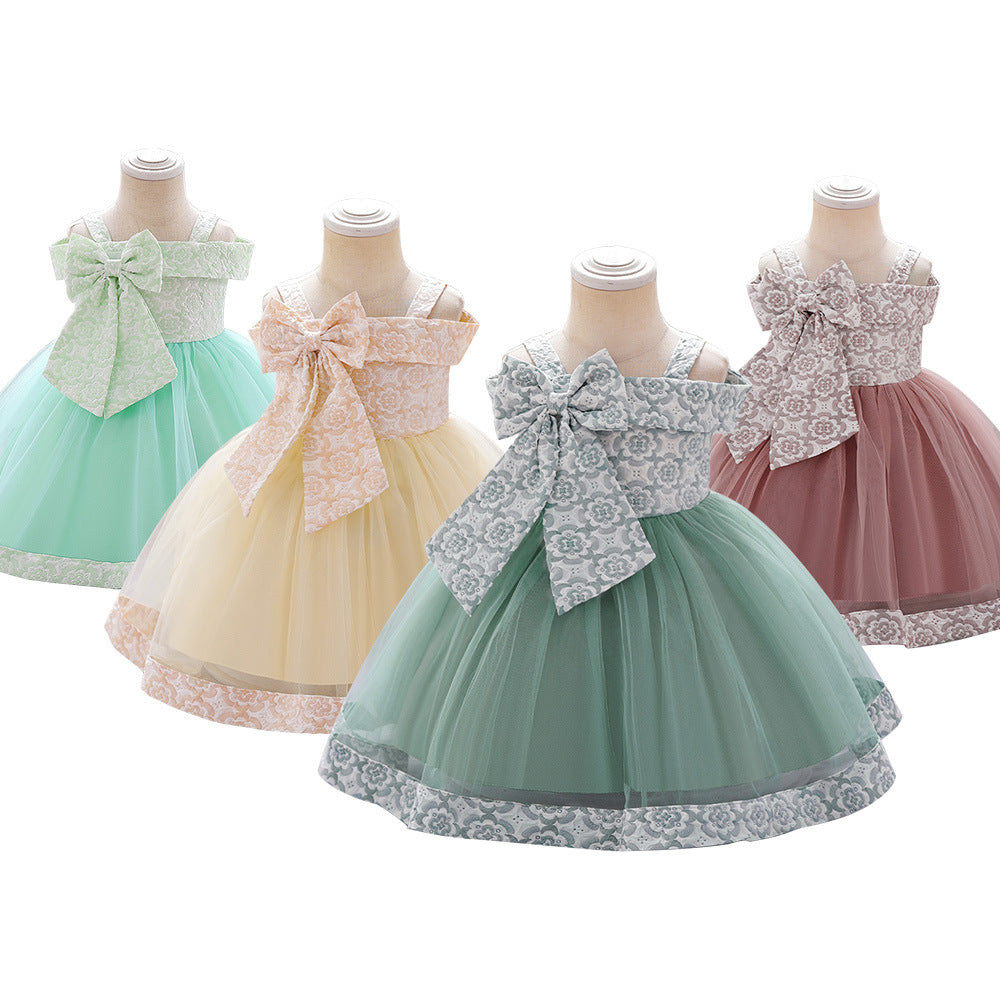 Foreign trade summer new children's big bow suspender princess dress fluffy mesh dress flower girl catwalk performance clothes
