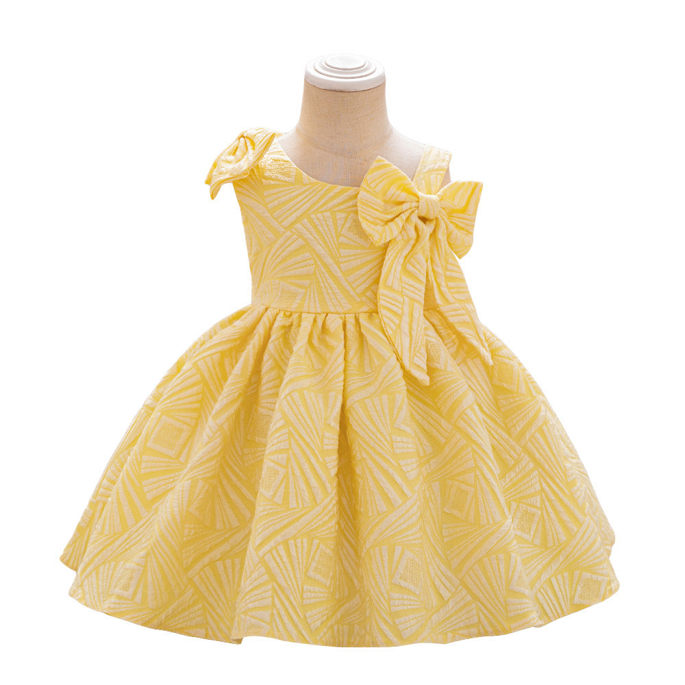 Linson's new infant dress, baby birthday party wash dress, slanted shoulder bow princess dress