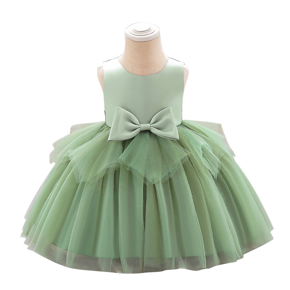 Children's princess dress Amazon baby dress sleeveless satin bow flower girl performance dress mesh skirt