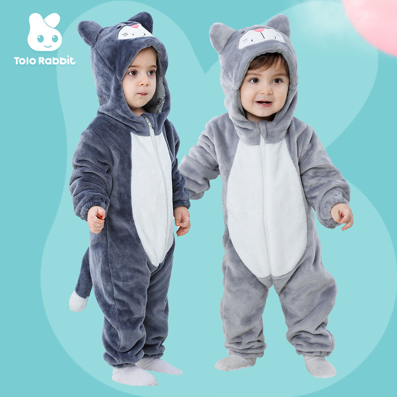 Spring and Autumn Comfortable Flannel Thin Infant and Toddler One-piece Romper Tea Rice Cat Shape Romper Qile Rabbit