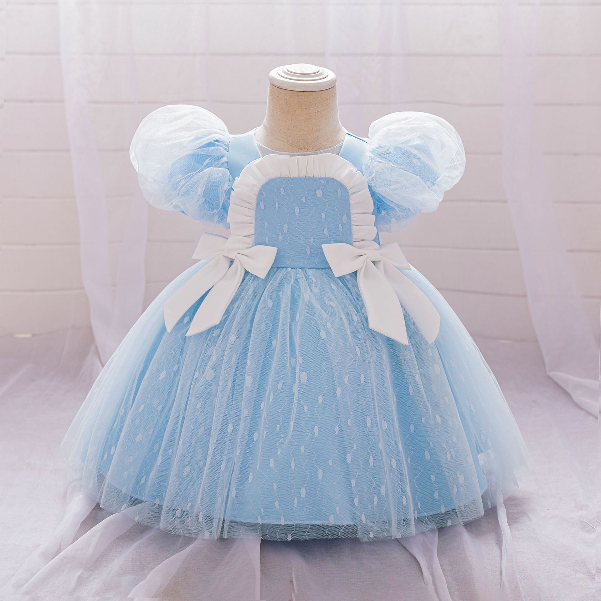 ins style new children's dress bubble sleeve mesh princess dress one-year-old baby dress bow mesh skirt