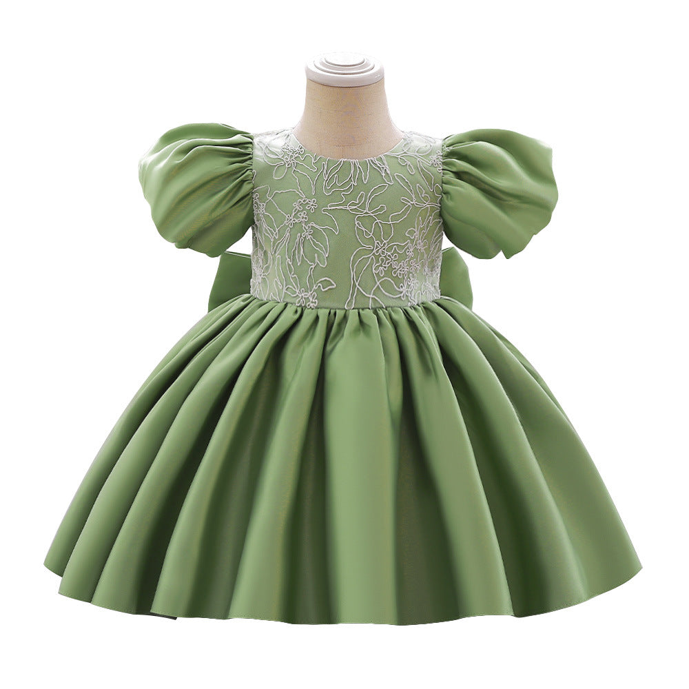 Foreign trade summer girls princess dress embroidered satin bubble sleeves baby dress back snap button bow flower girl