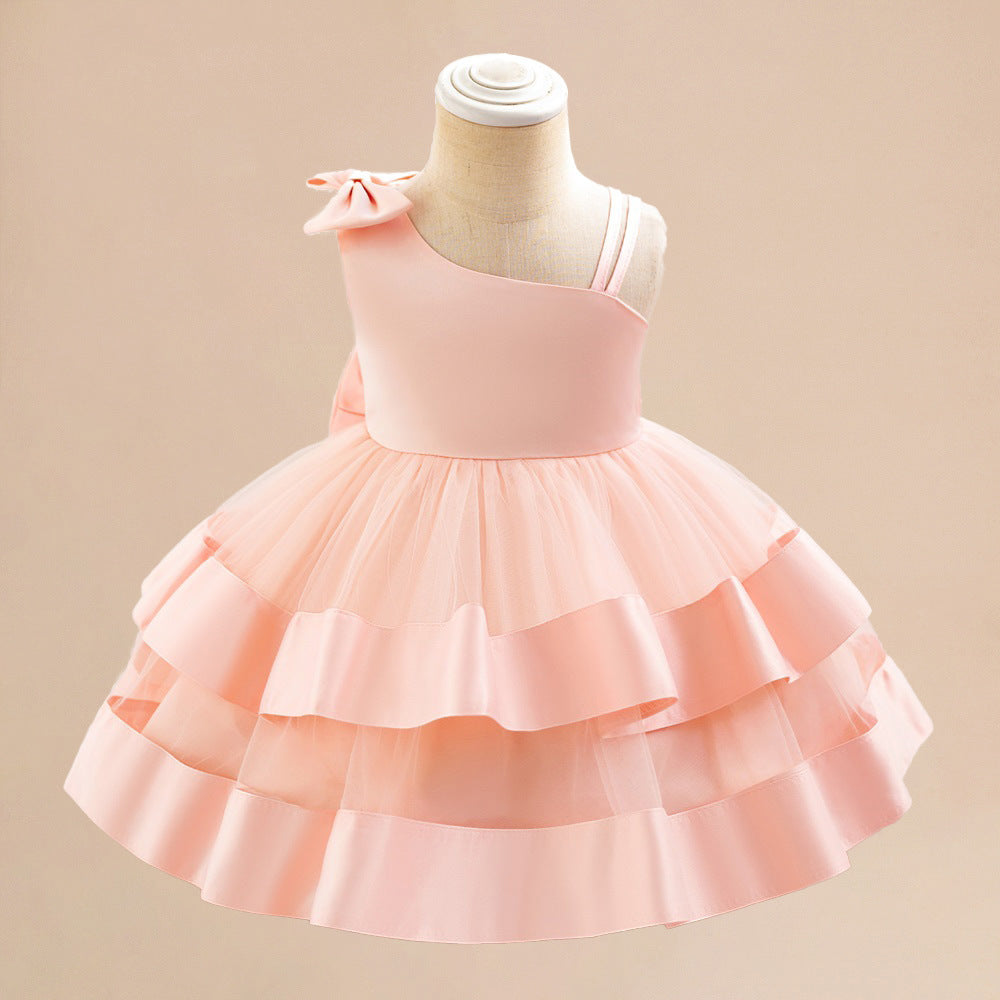 Summer children's dress slanted shoulder satin mesh splicing children's dress back big bow fluffy princess dress spot