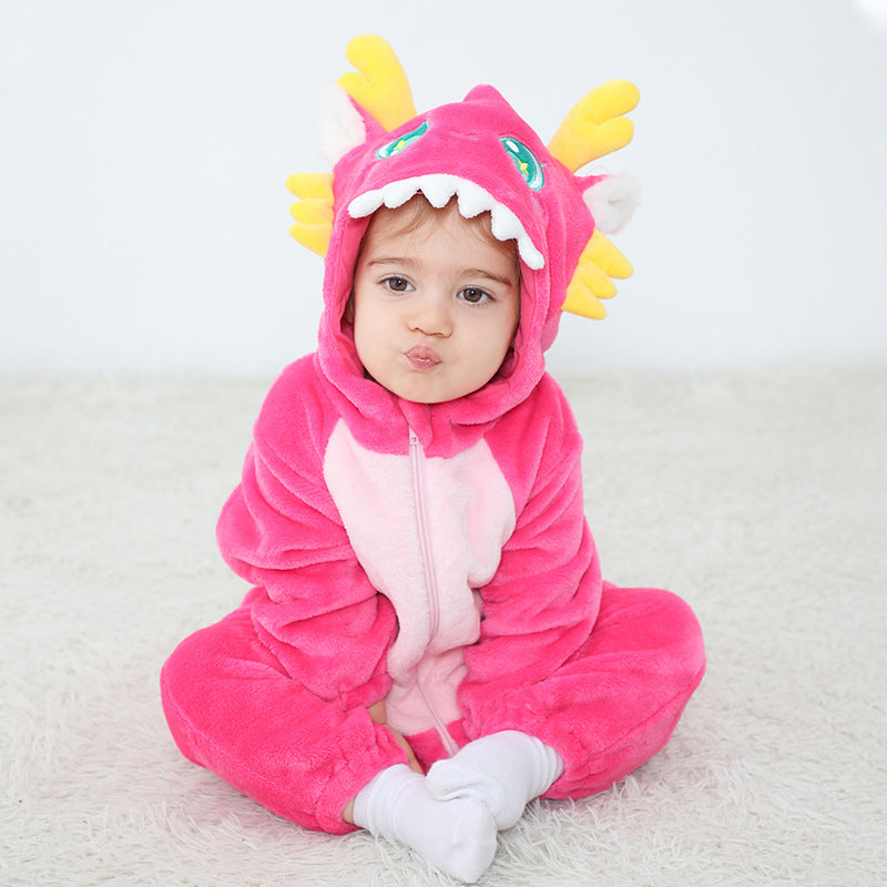 Qile Rabbit autumn new baby single-layer flannel cartoon dinosaur shape hooded one-piece Romper