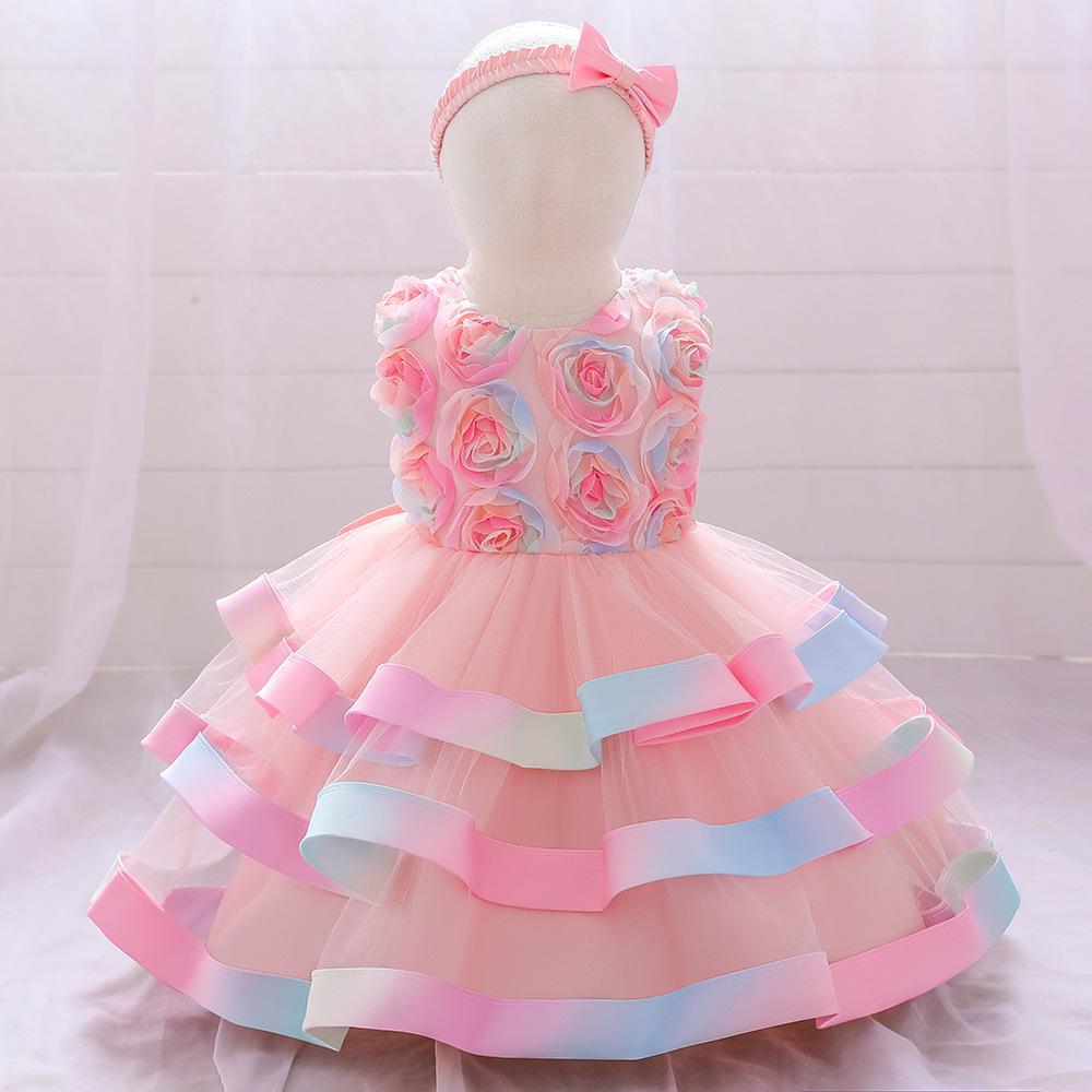 Little girl princess dress children's dress sleeveless dress printed mesh cake puffy dress flower girl catwalk dress sweet