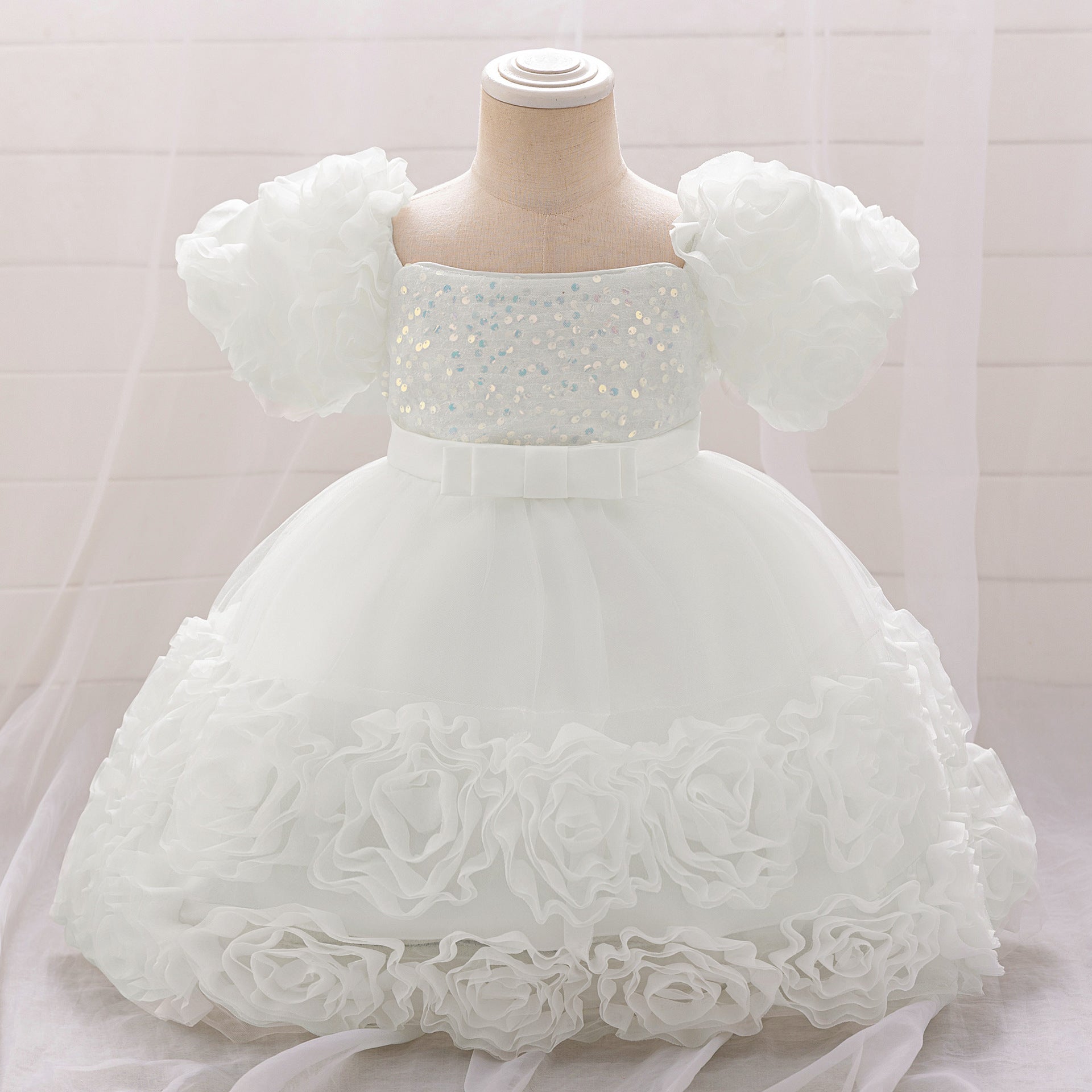 Amazon's new baby dress bead bubble sleeve princess dress three-dimensional applique mesh puffy dress