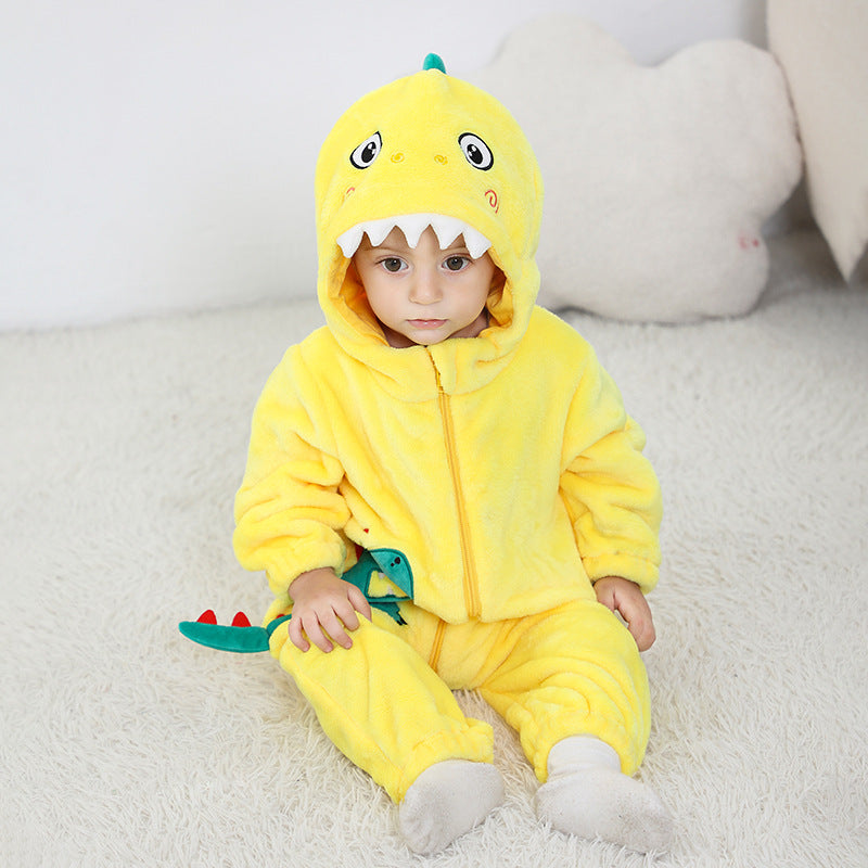 Qile Rabbit autumn new baby comfortable flannel single-layer cute little dinosaur shape one-piece Romper