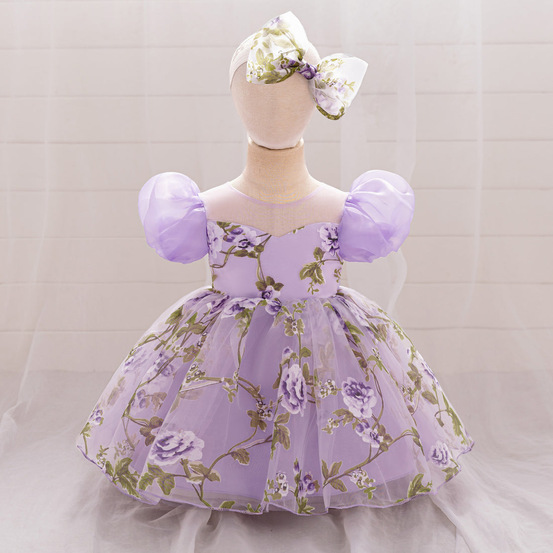 Cross-border new girls' princess dress mesh girls' dress birthday one-year-old dress flower girl gift skirt printing with hair accessories