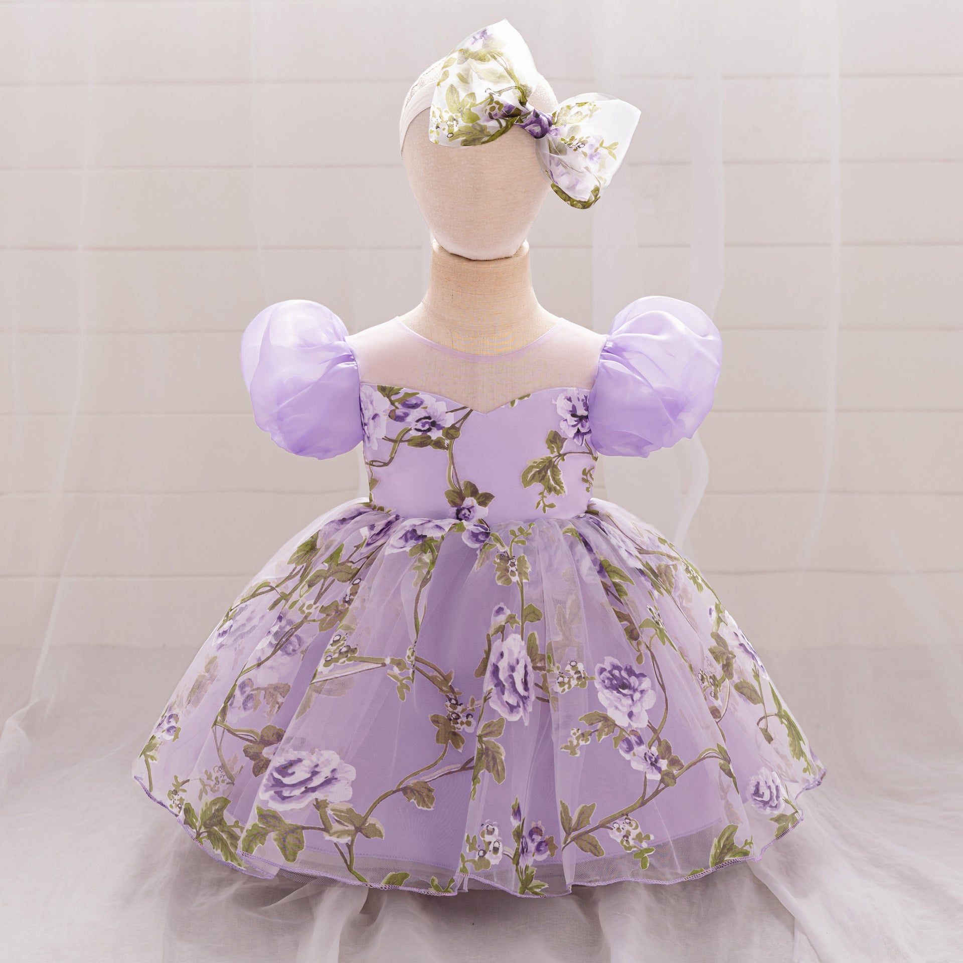Cross-border new girls' princess dress mesh girls' dress birthday one-year-old dress flower girl gift skirt printing with hair accessories