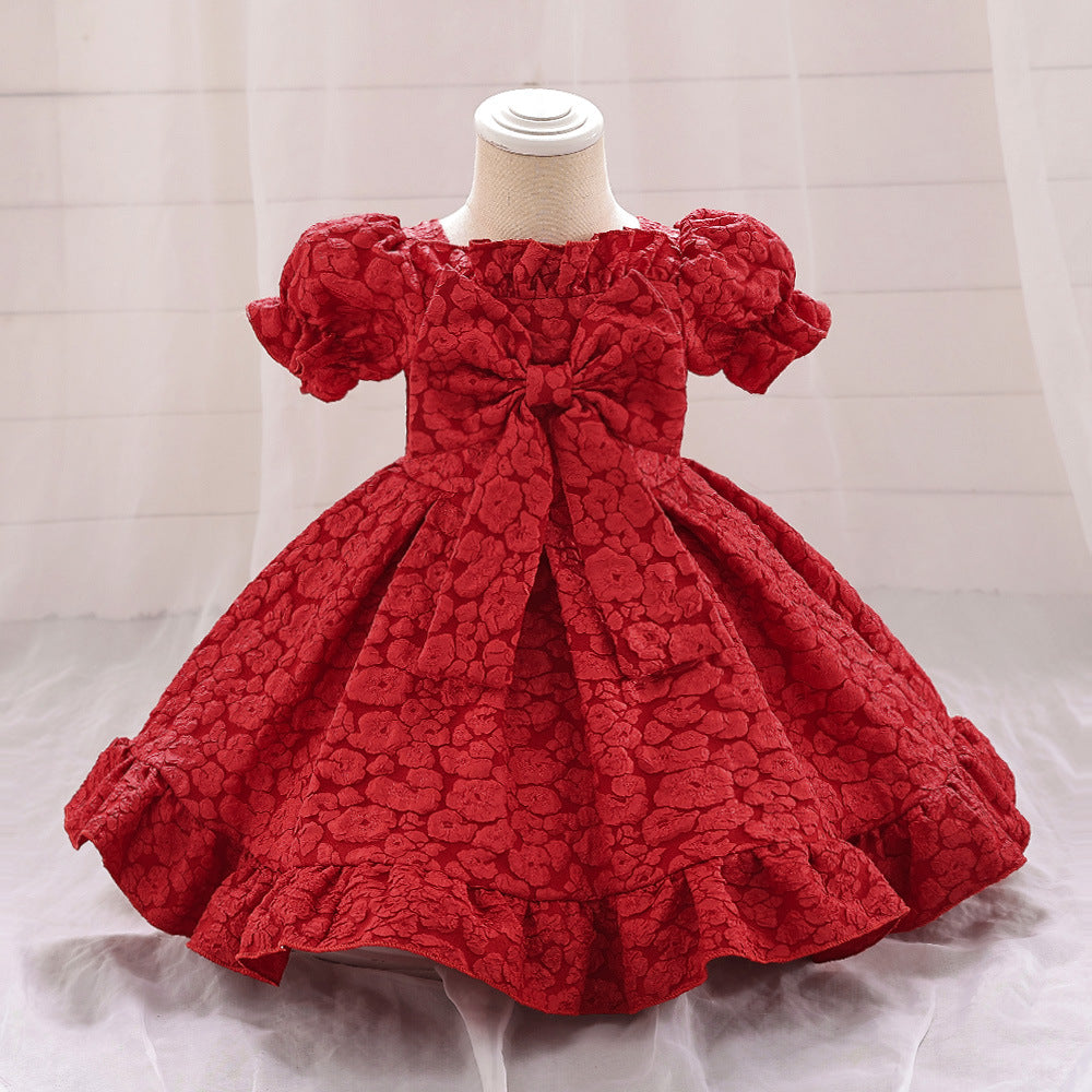 Foreign trade new infant dress bow bubble sleeve embossed princess dress baby birthday first year wash dress