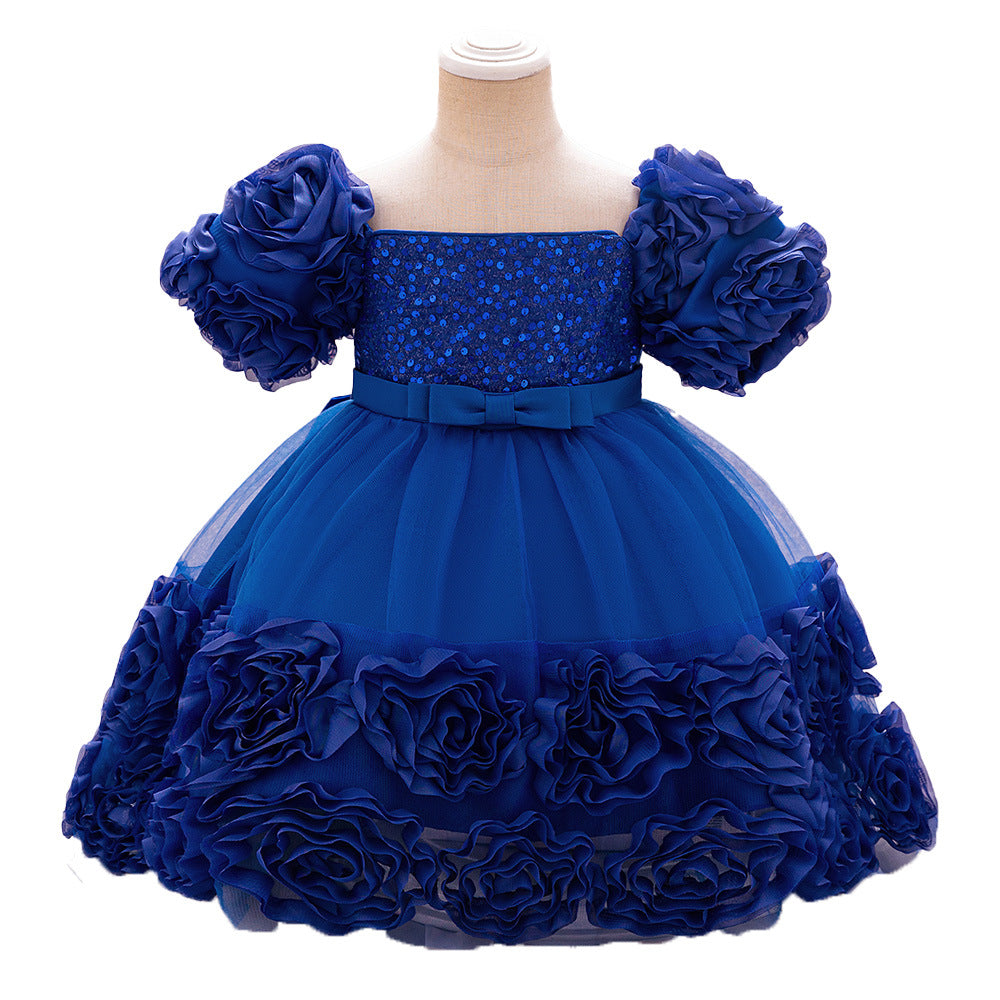 Amazon's new baby dress bead bubble sleeve princess dress three-dimensional applique mesh puffy dress