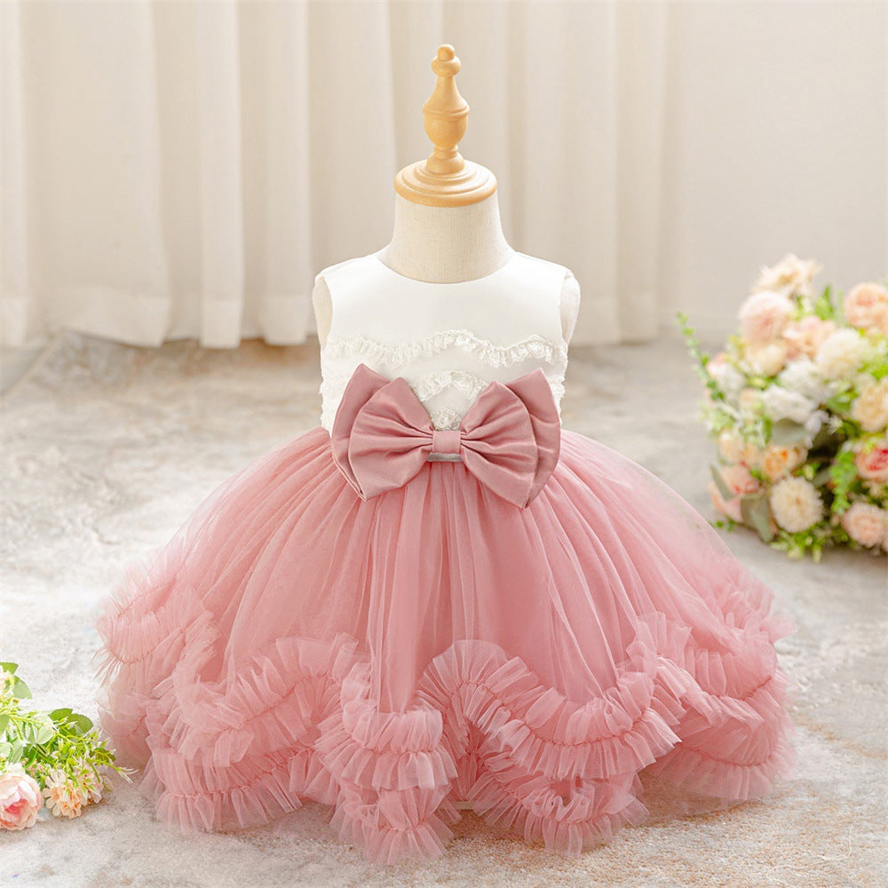 2025 new children's first-year dress tutu skirt lace lace princess dress white spot child rengow