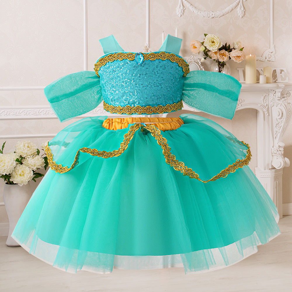Cross-border AliExpress new Jasmine princess cosplay girls' dress, baby and children's sequined two-piece dress