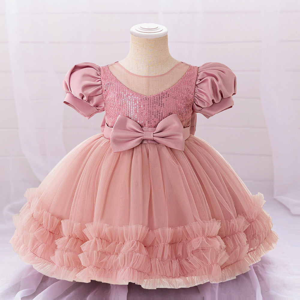 AliExpress Infant Dress Baby's First Birthday Banquet Dress Bubble Sleeve Bow Dress